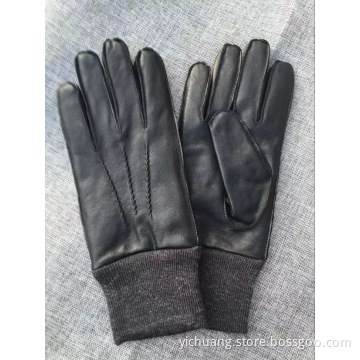 Acrylic knttting cuff sheepskin leather winter mens glove